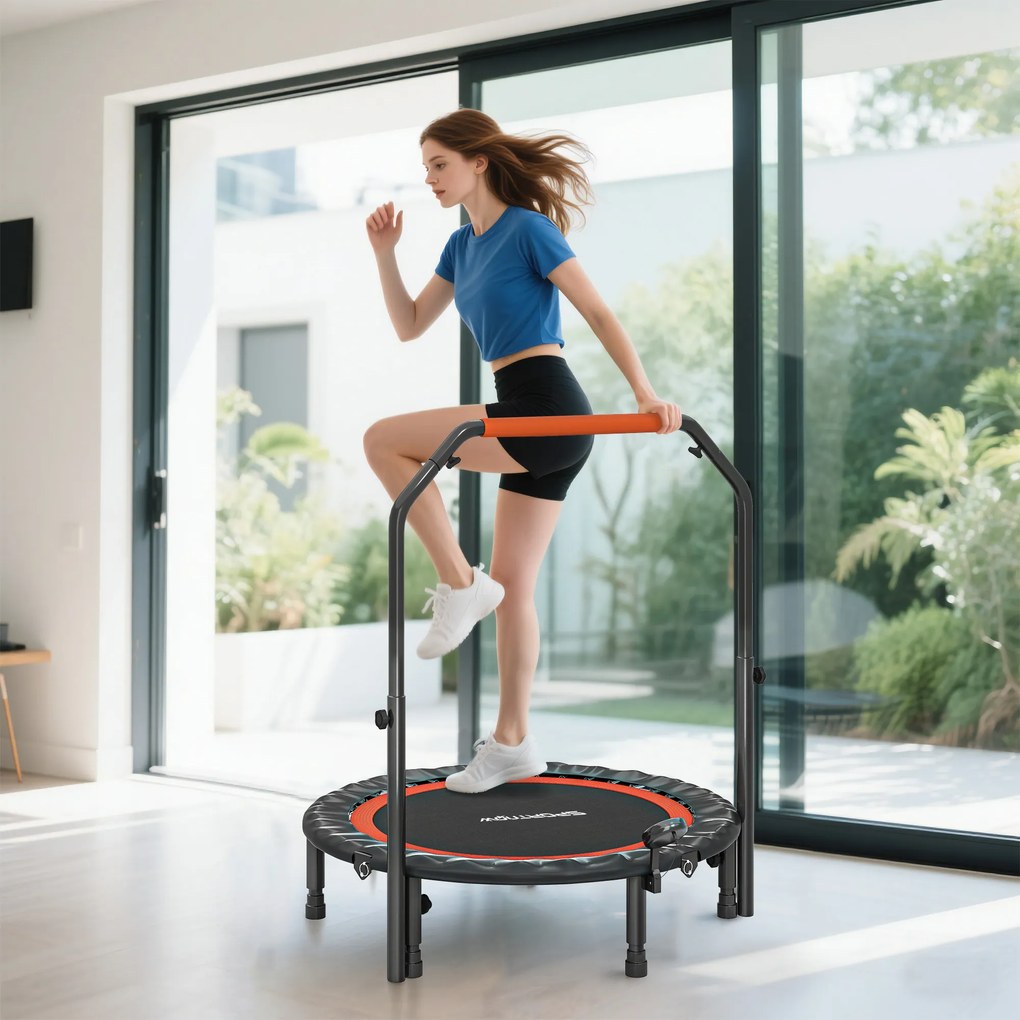 Trampolim de fitness e ginástica com pega ajustável, dobrável, 6 pés, 28 molas, Ø 102 cm, preto e vermelho