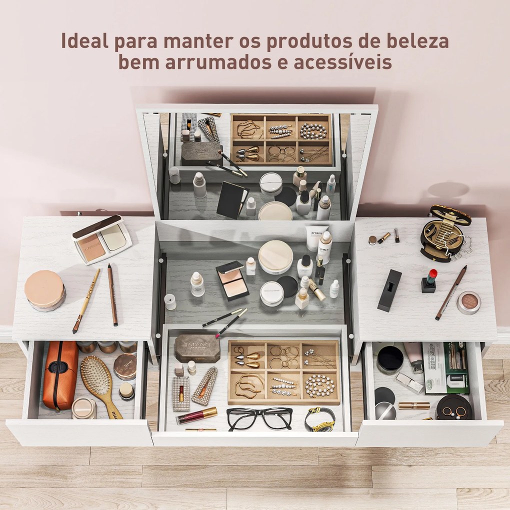 Toucador de Maquilhagem com Espelho Bancada de Vidro 3 Gavetas Mesa de Maquilhagem Moderna 105,5x30x130,5 cm Branco