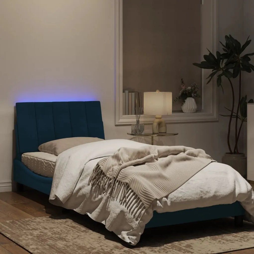 Estrutura de cama c/ luzes LED 90x200 cm veludo azul