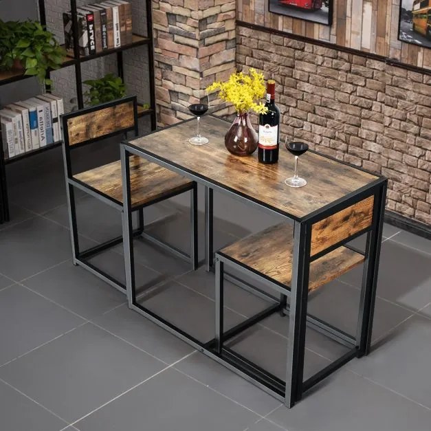 Conjunto com Mesa Compacta e 2 Cadeiras com Estrutura Metálica para Pequenos Espaços Cozinha Sala de Jantar Castanho rustico e preto