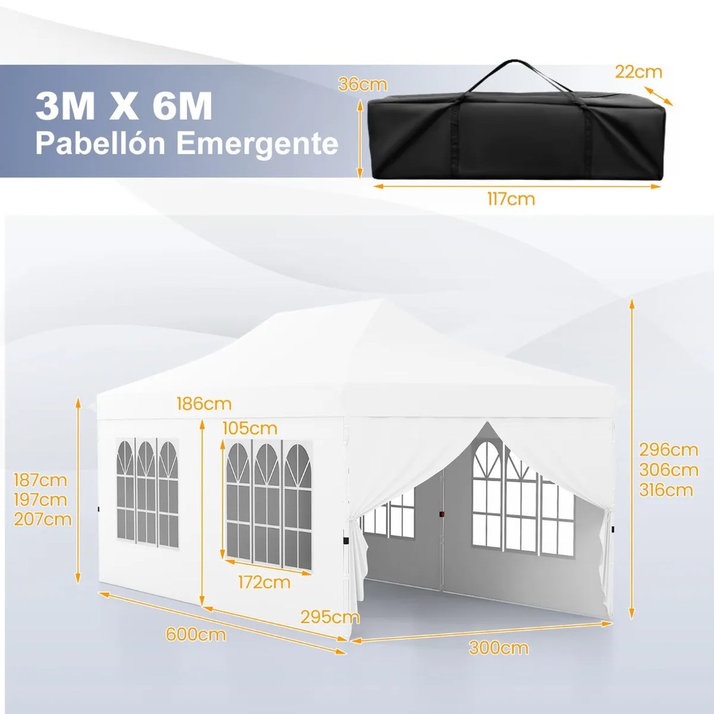 Tenda 600 x 300 cm pop-up com 6 paredes laterais removíveis para festas, casamentos, eventos com bolsa branca