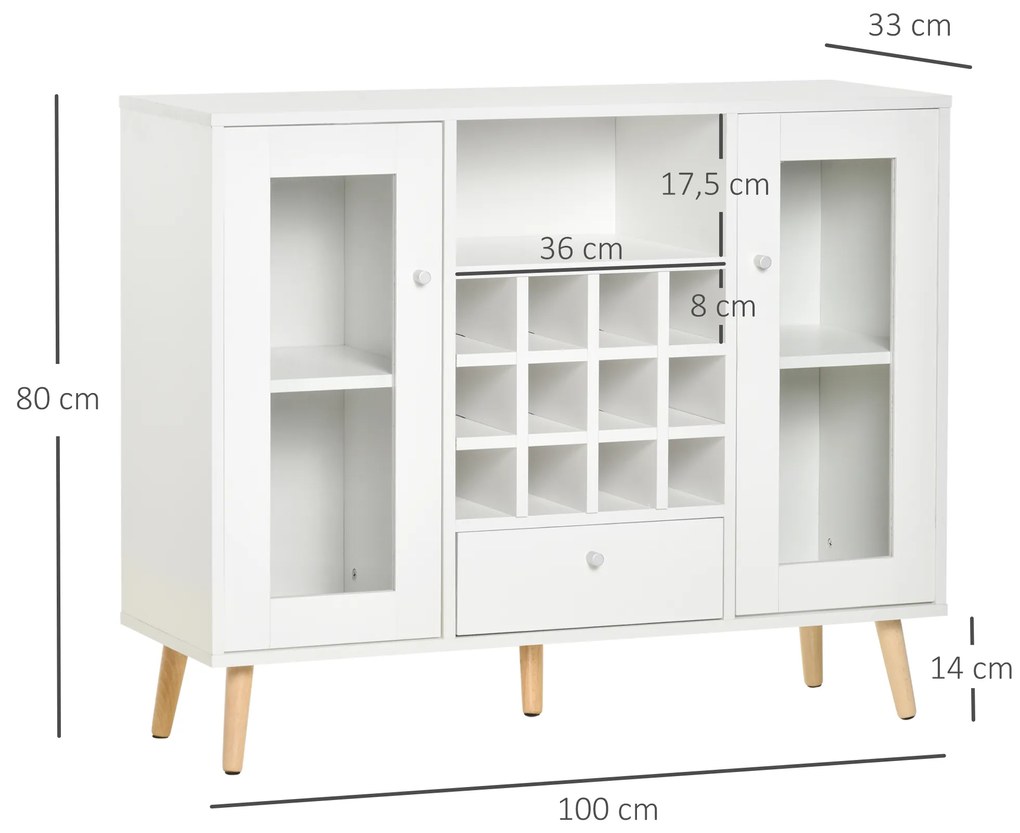 Aparador de Cozinha Armário de Armazenamento com 12 suportes para Garrafas e 3 Estantes Portas de vidro 100x33x80cm Branco
