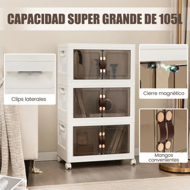 Conjunto de 3 caixas arrumação empilháveis com portas de rodas com fecho e tampas dobráveis em PP para o quarto 49,5 x 31,5 x 86 cm  Branco