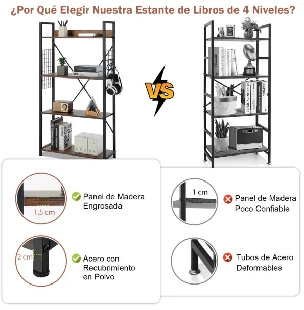 Estante industrial de 4 níveis com ganchos, pés ajustáveis e Estante de exposição ajustável para sala de estar 64 x 24 x 110 cm Castanho