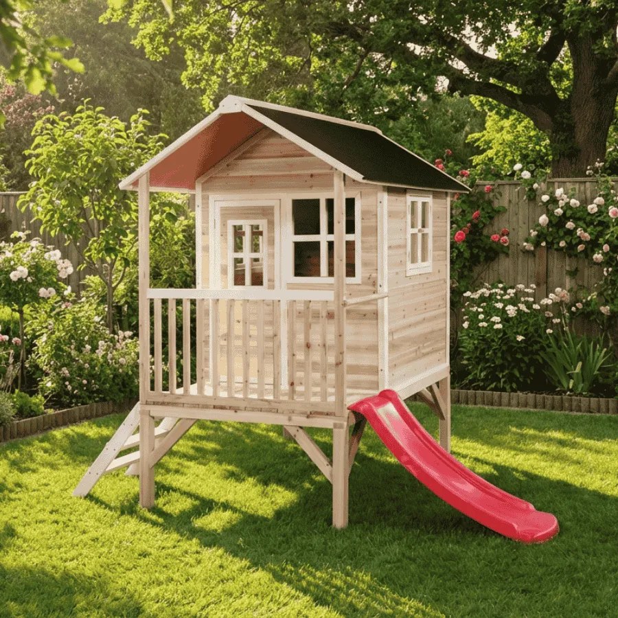 Casa de brincar infantil exterior para crianças Loft 300 em madeira com escorrega - natural