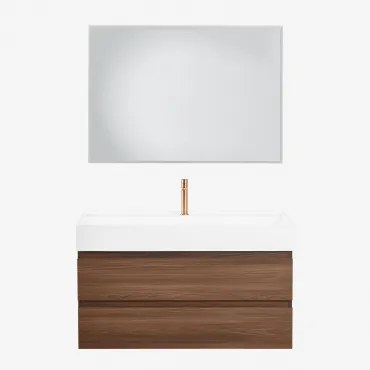 Conjunto De Móvel De Casa De Banho Suspenso Em Madeira E Folha De Freixo Com Lavatório Integrado Ona Led Retangular E Anti-embaciamento 100x70 Cm Ribe