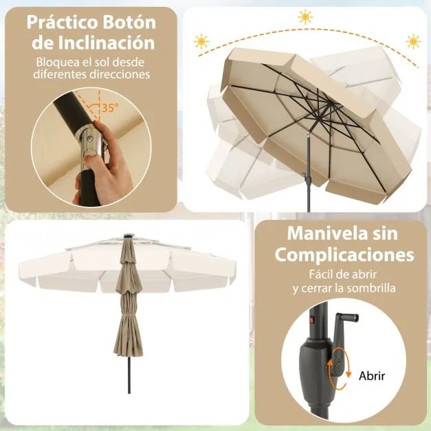 Guarda-sol solar de 300 cm com 32 luzes LED, parte superior ventilada com 3 níveis e ajuste de inclinação - bege