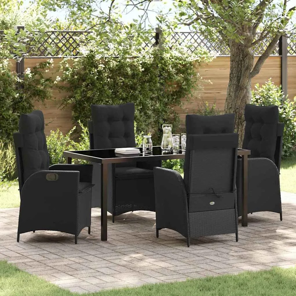 vidaXL Conjunto de jantar de jardim com 5 peças e almofadas pretas em rattan sintético.
