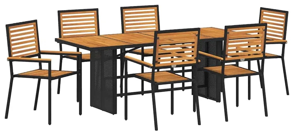 Conjunto de Jantar de 7 Peças vidaXL Preto Polyrattan Acácia