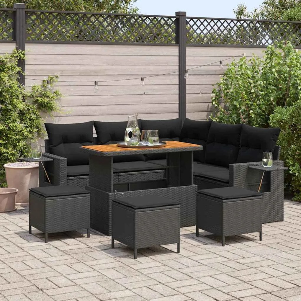 vidaXL Conjunto de Sofá de Jardim 9 Peças com Almofadas - Rattan Sintético Preto