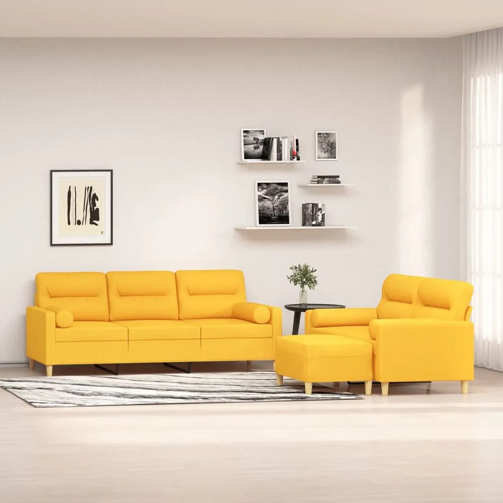 vidaXL 3 pcs conjunto de sofás c/ almofadões tecido amarelo-claro
