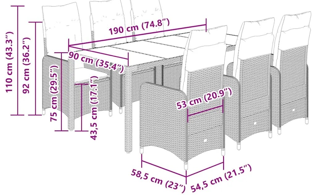 7 pcs conjunto de bistrô para jardim c/ almofadões vime PE bege