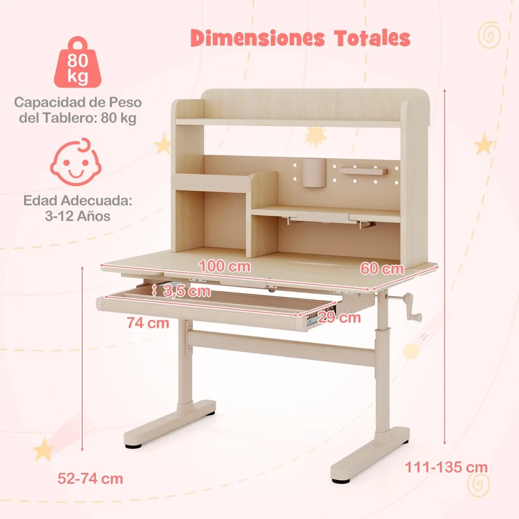 Secretária infantil 100 x 60 x 111-135 cm com estante e gaveta em altura com superfície inclinável Prateleiras Atril e porta-lápis Natural