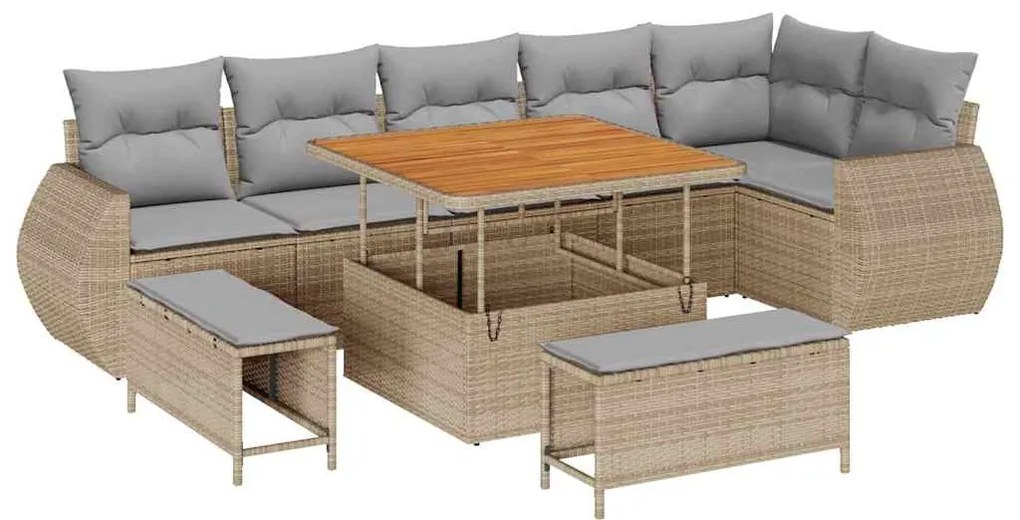 Conjunto de Sofá de Jardim 9 Peças com Almofadas Bege em Rattan Sintét