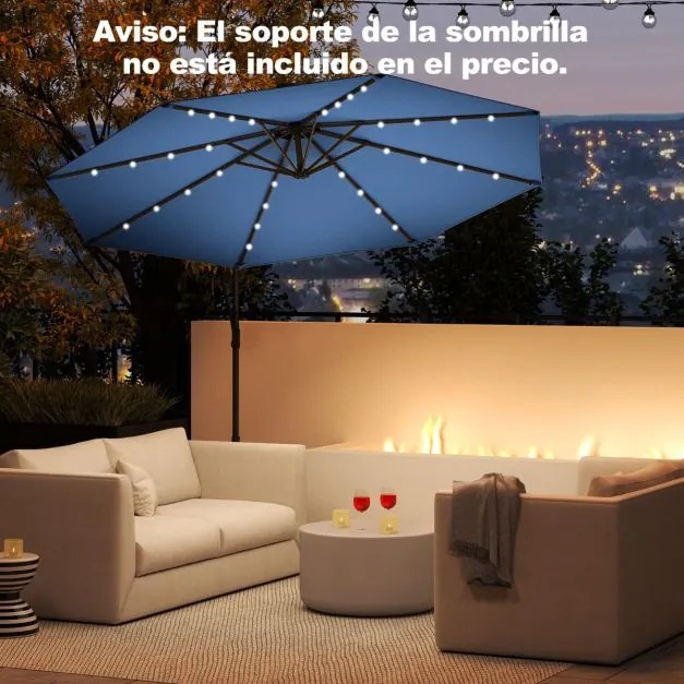 Guarda-sol exterior de 3 m com rotação de 360° e 32 com luzes LED Ajuste fácil da inclinação Manivela Azul