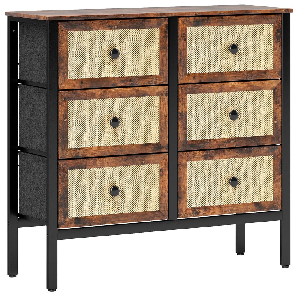 HOMCOM Cómoda para Dormitório Cómoda de Tecido com 6 Gavetas Dobráveis com Frentes de Vime 88x30x83 cm Marrom Rústico | Aosom Portugal