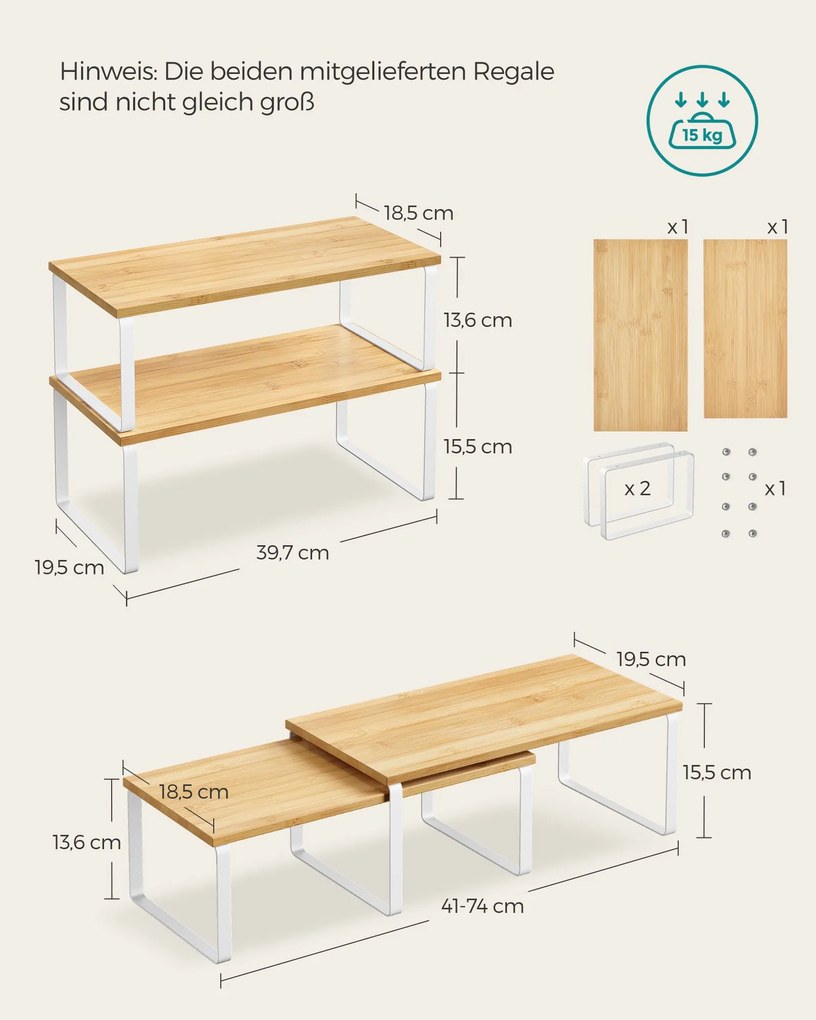 Conjunto de 2 organizadores de cozinha empilháveis e expansíveis, branco nublado e bege natural