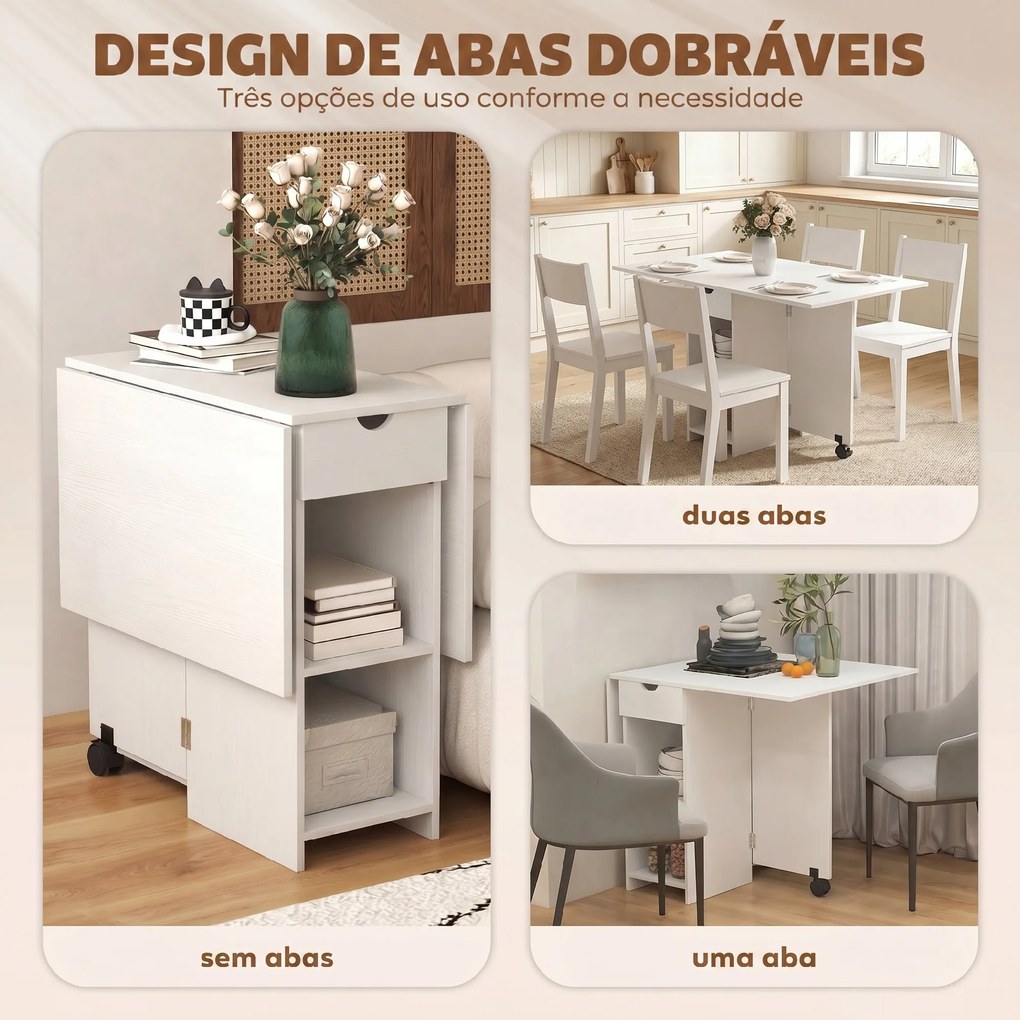 Mesa de Cozinha Dobrável com Rodas (CADEIRAS NÃO INCLUIDAS), Abas Rebatíveis, Gaveta e Prateleiras para 2-4 Pessoas 120x72x75 cm Branco