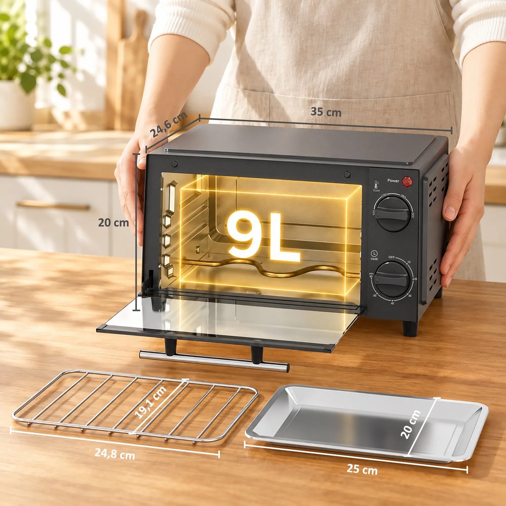 Mini Forno Elétrico 9 L de Bancada 750 W com Temperatura Ajustável e Temporizador 35x24,6x20 cm Cinza
