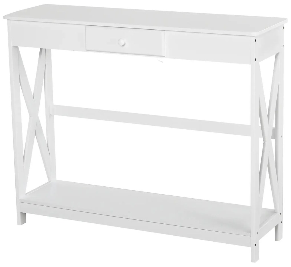 HOMCOM Mesa Consola Clássica com 1 Gaveta e 1 Prateleira de Armazenamento para a Entrada Mesa Auxiliar Sala de Estar Estilo Elegante 100x30x81cm Branco