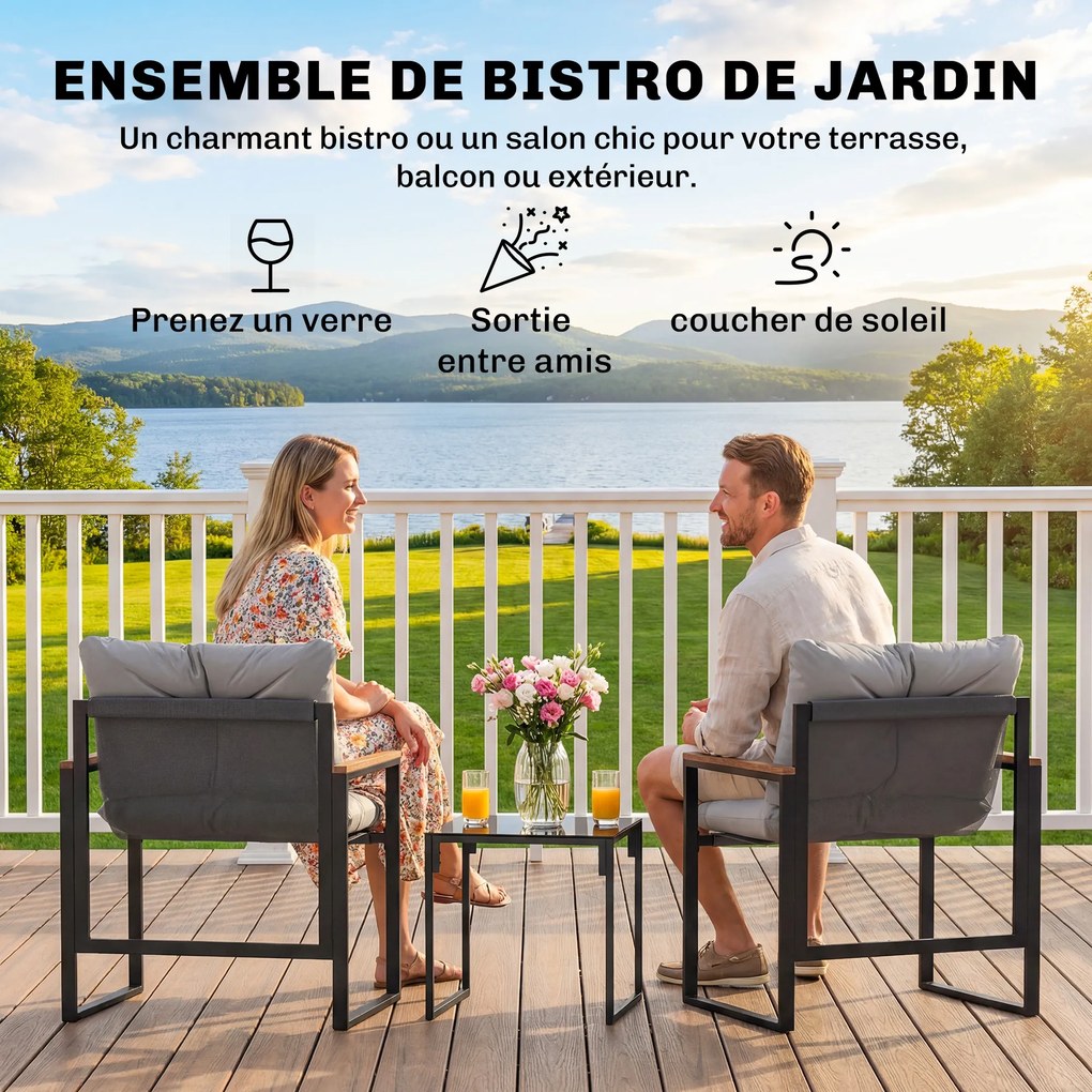 Conjunto de jardim de 3 peças para 2 pessoas, composto por 2 cadeirões, 1 mesa de centro com tampo em vidro temperado e almofadas, cinzento
