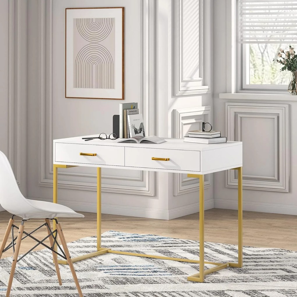 Tabela de computador de ouro branco moderno com 2 gavetas para a vaidade do escritório em casa