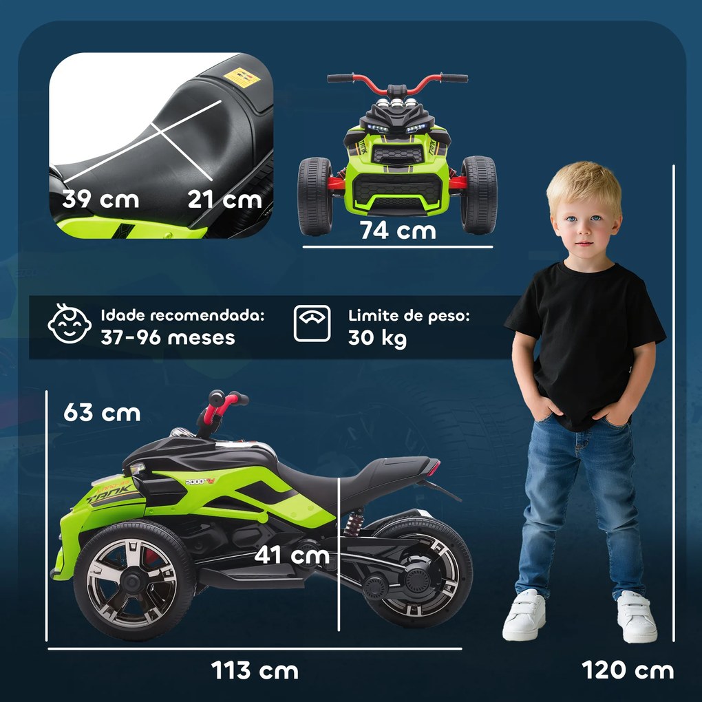 Mota Elétrica para Crianças 12V com 2 Motores Velocidade até 5 km/h 3 Rodas Faróis Buzina Música 113x74x63 cm Verde