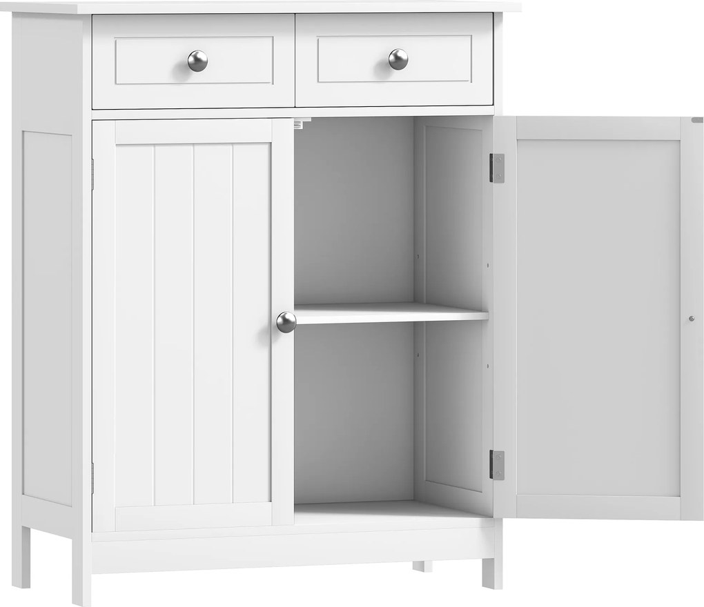 Kleankin Armário Auxiliar Casa Banho 2 Gavetas 2 Portas Prateleira Ajustável Estilo Moderno 60x30x75cm Branco Funcional Prático | Aosom Portugal