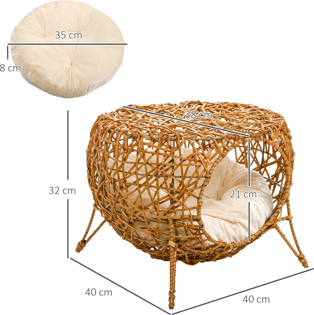 Cama para gatos Ø 40 x 32 cm,, cesto para gatos, casinha de rattan para gatos, almofada grossa, castanho claro