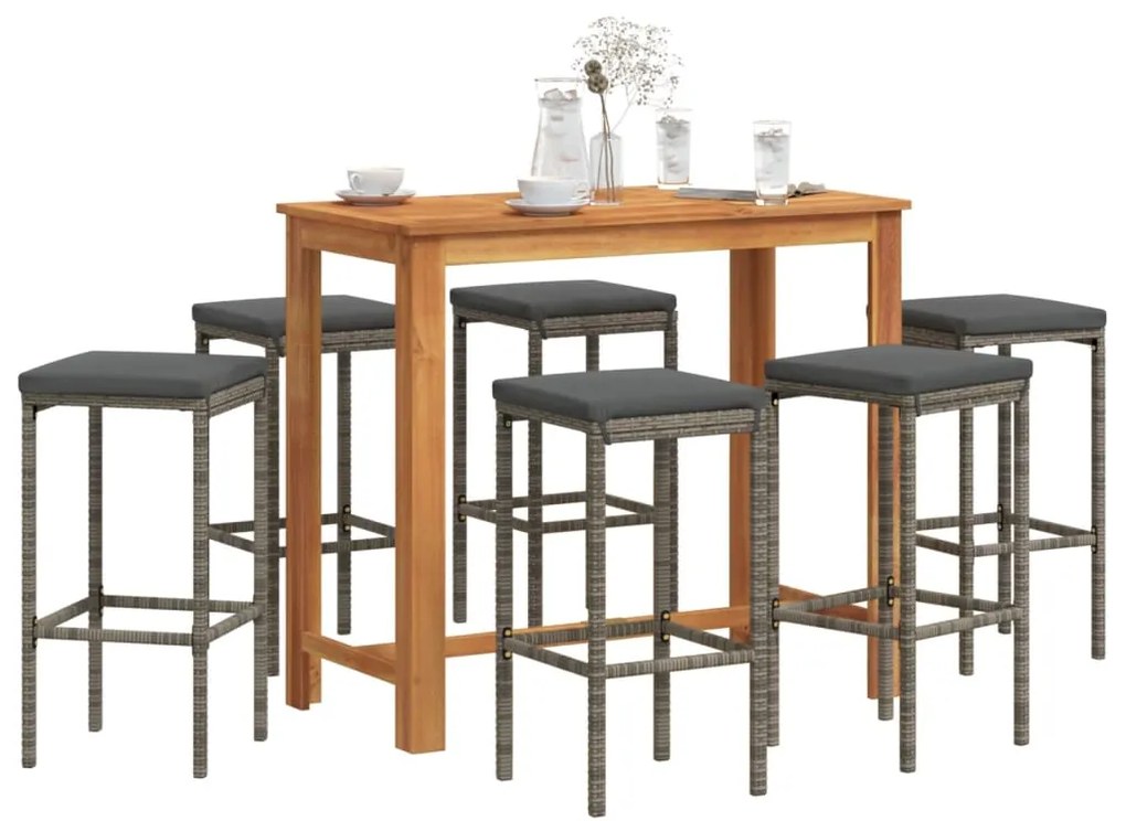 7 pcs conjunto de bar p/ jardim acácia maciça/vime PE cinzento