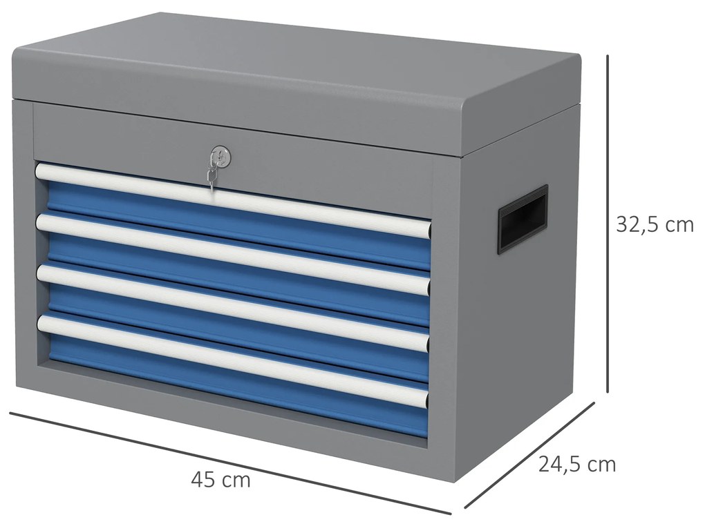 Caixa de Ferramentas Metálica com 4 Gavetas Bandeja Superior Fecho e Pegas Laterais 45x24,5x32,5 cm Cinzento e Azul