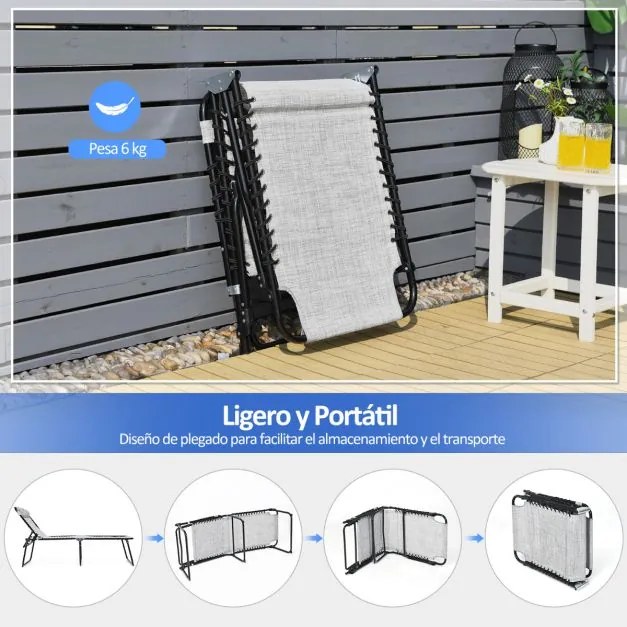 Espreguiçadeira de praia dobrável portátil Cadeira reclinável com encosto ajustável em 4 posições para campismo Pátio Piscina 189 x 59 x 40 cm Cinzent