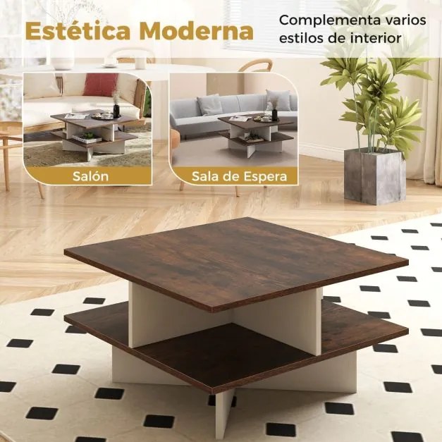 Mesa de centro quadrada 60 x 60 x 32,5 cm de 2 níveis com 4 compartimentos de armazenamento Base em forma de cruz Castanho rústico