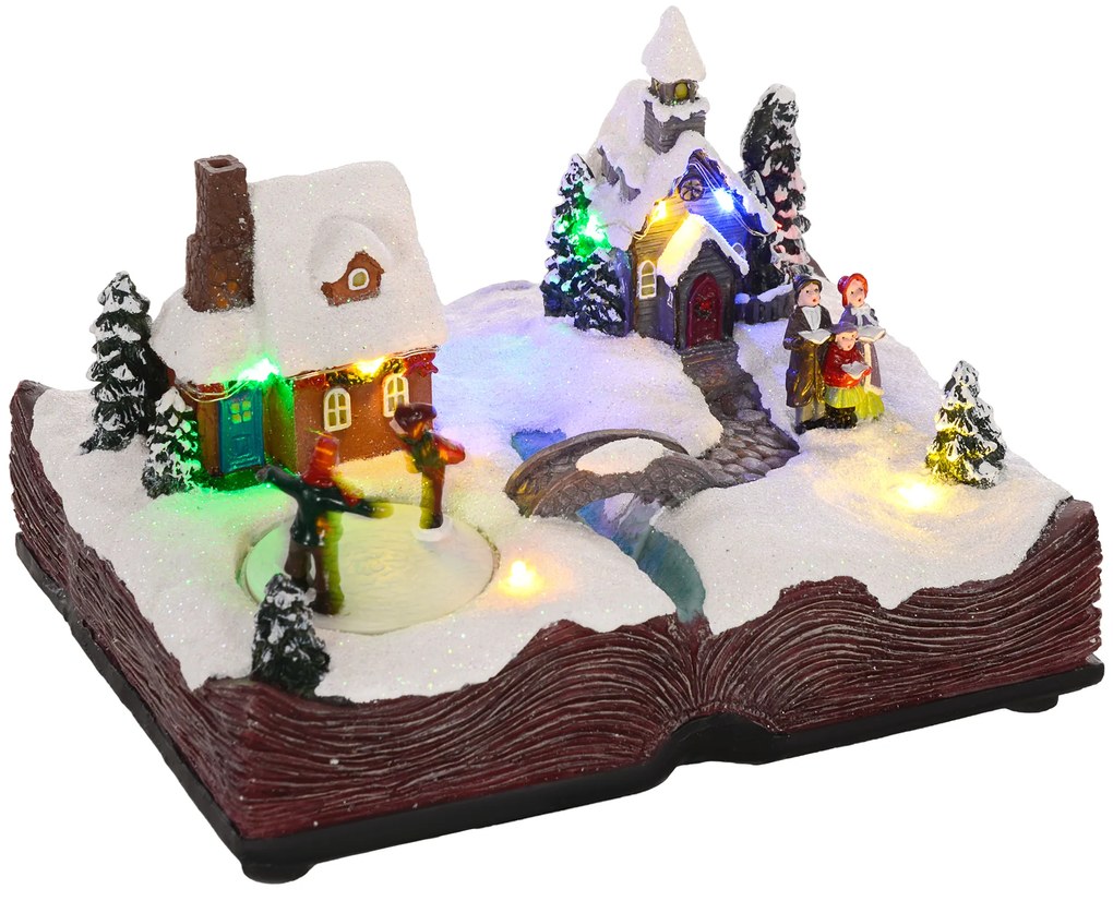 Aldeia de Natal Cena Natalícia com Luzes LED Música e Patinadores Giratórios Decoração de Natal 23x18x15 cm Multicor