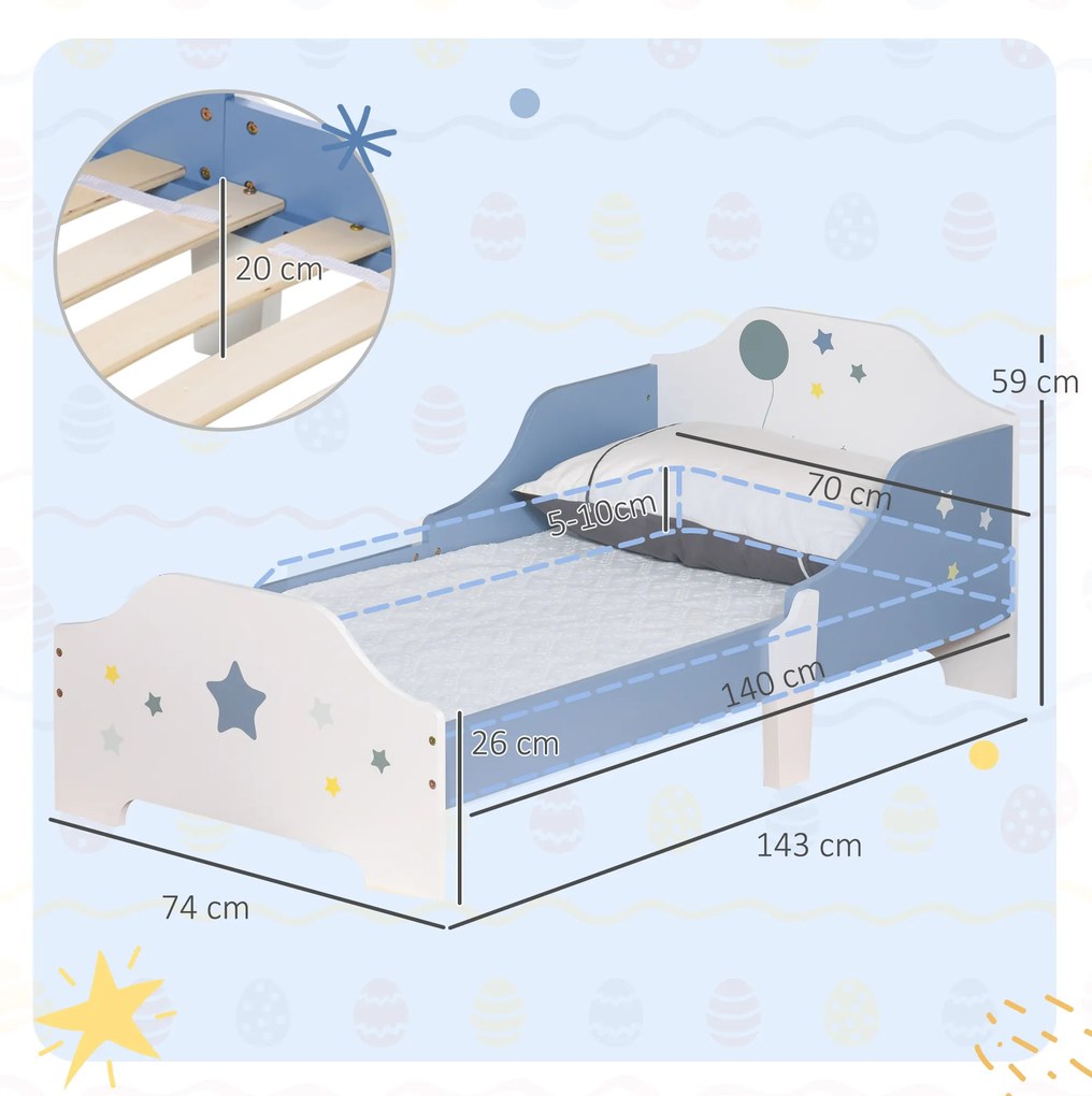 Cama para Crianças 143x74x59 cm (COLCHÃO NÃO INCLUIDO) Cama Infantil com Desenho em Estrelas Carga 50 kg para Dormitório Azul e Branco