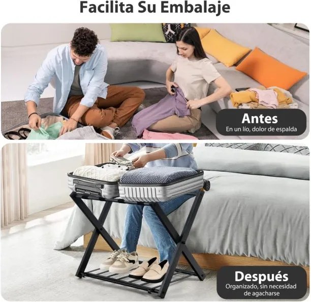 Estante dobrável de metal para bagagens até 60 kg com 4 correias estáveis e 2 pisos para casa e hotel 68 x 43 x 58 cm Preta