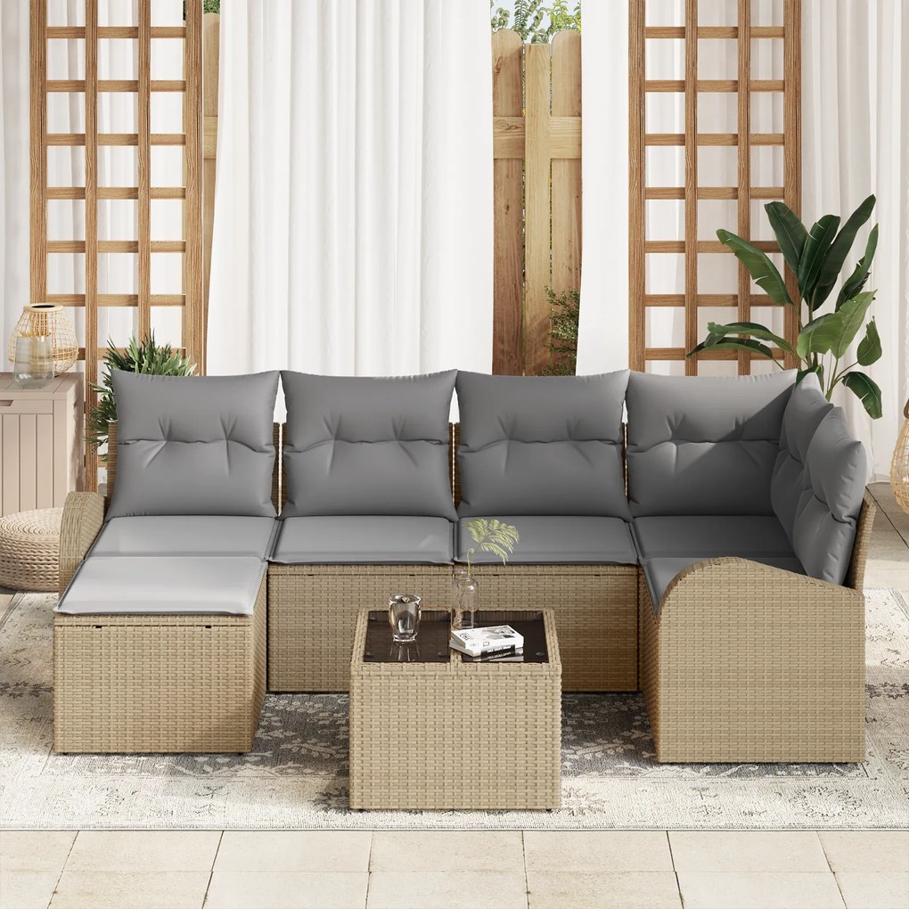 Conjunto de Sofá de Jardim de 7 Peças com Almofadas Preto Poliratan