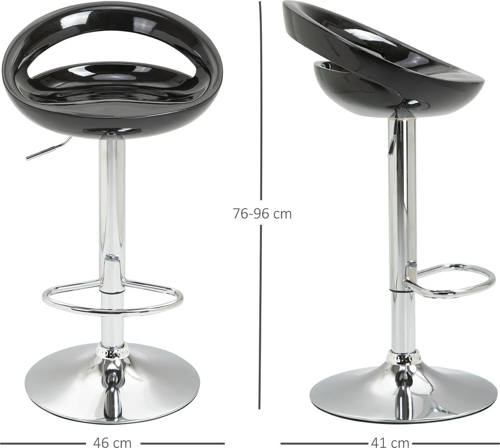 Conjunto de 2 bancos de bar com altura ajustável, encosto e apoio para os pés, giratórios a 360°, 46 x 41 x 76–96 cm, preto