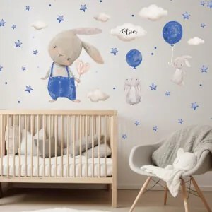 Autocolantes para menino - Coelhinhos a voar com balões