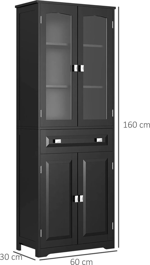 Armário alto de cozinha com 4 portas, das quais 2 com vidro, e 1 gaveta, com 160 cm de altura e prateleiras em madeira preta