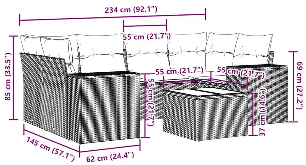 7 pcs conj. sofás jardim com almofadões vime PE cinzento-claro