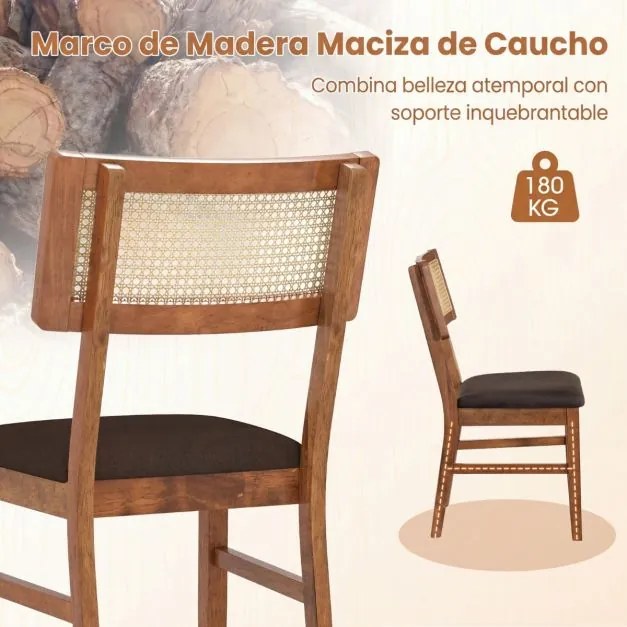 Conjunto de 2 cadeiras jantar estofadas com encosto em rattan tecido (MESA NÃO INCLUIDA), Estrutura em madeira de borracha Cor de nogueira e Castanho