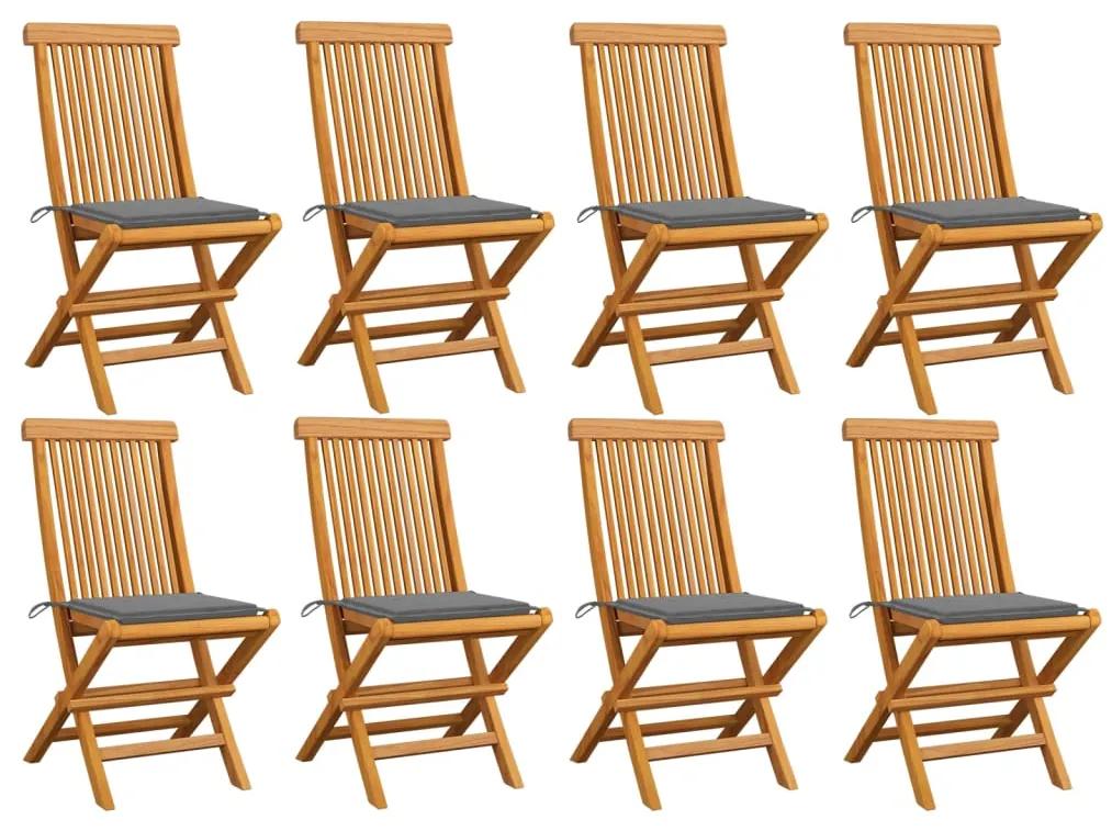 Cadeiras de jardim c/ almofadões cinzentos 8 pcs teca maciça