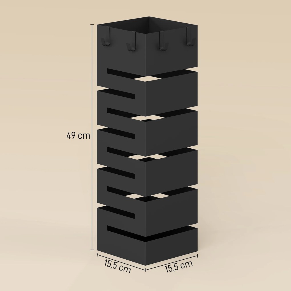 Suporte para Guarda-Chuvas, 15,5 x 15,5 x 49 cm, Recipiente de Recolha Amovível, Preto