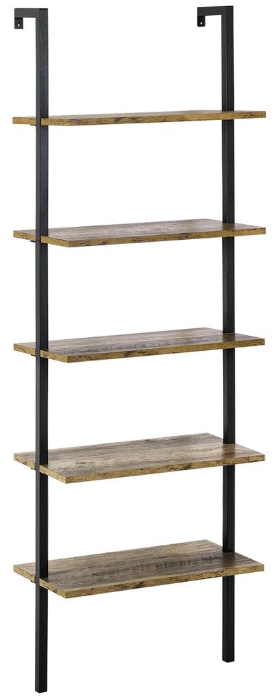 HOMCOM Estante de Escada com 5 Prateleiras Estante de Livros de Parede com Estrutura de Metal para Sala de Estar Escritório Estilo Industrial Carga máxima 25kg 60x30x184,5cm Marrom