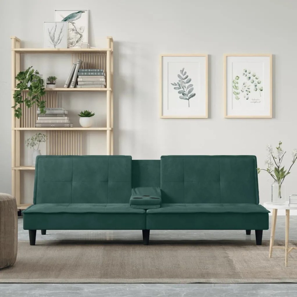351922 vidaXL Sofá-cama com suportes para copos veludo verde-escuro