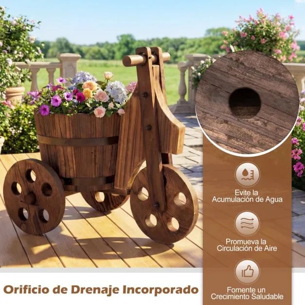 Floreira jardim rústica em madeira para triciclo 47 x 32 x 43,5 cm, vaso em forma de barril com orifício de drenagem para o cultivo de legumes e flore