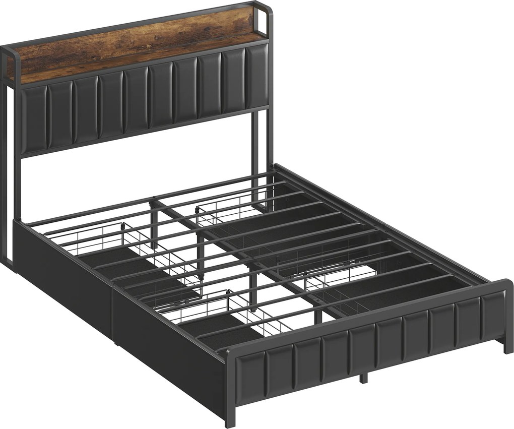 HOMCOM Estrutura de Cama 140x190 cm com Estrado de Ripas Metálicas Cama de Casal Estofada com 4 Gavetas e Prateleira Preto | Aosom Portugal