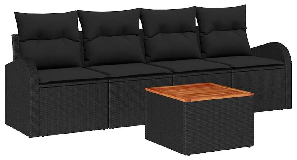 Conjunto de Sofás de Jardim com Almofadas Preto Polirattan Acácia