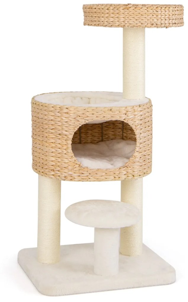 Arranhador para gatos com poleiro superior Postes de arranhar Sisal Cama de brinquedos suspensa em sisal Almofada natural